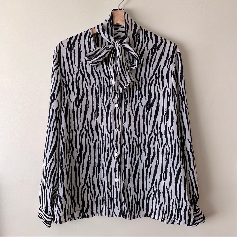 Zebra Print Tie Neck Blouse